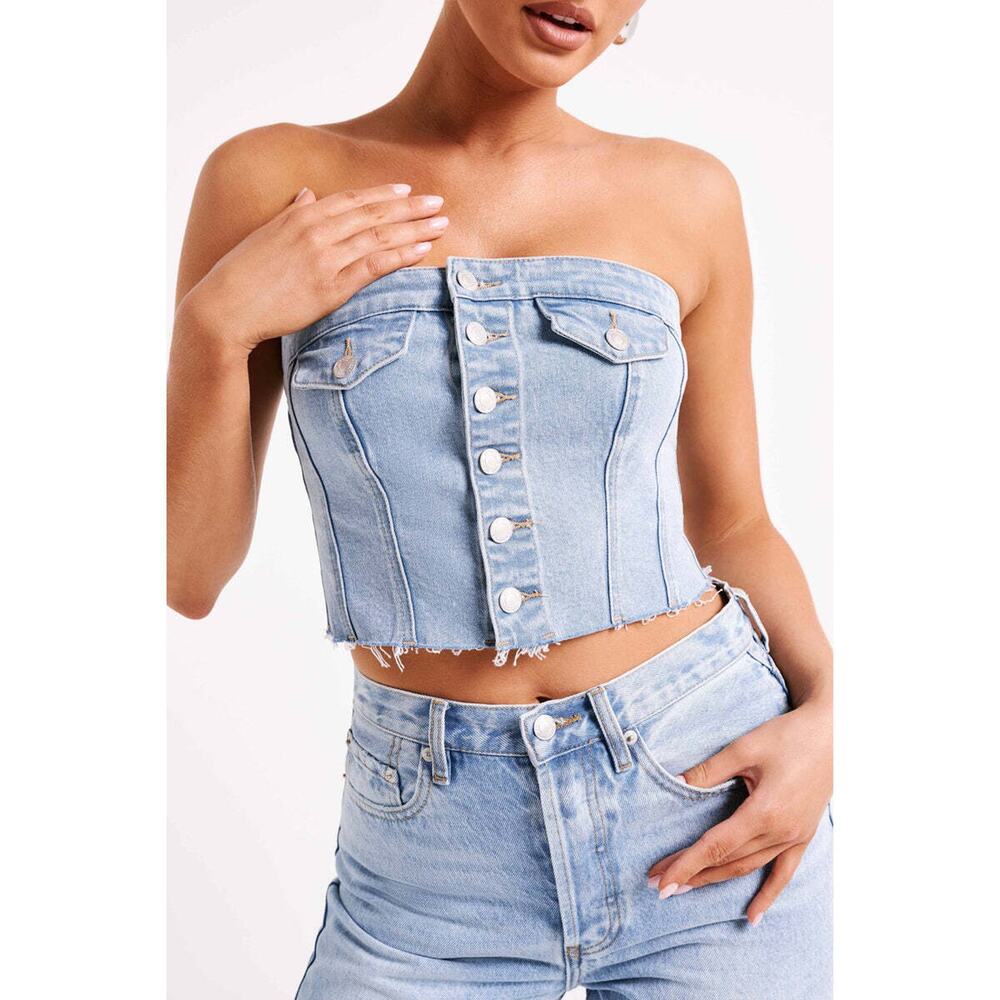 Meshki Sandy Denim Corset Tube Top Size M NWT Mid Blue Y2K Festival Cropped